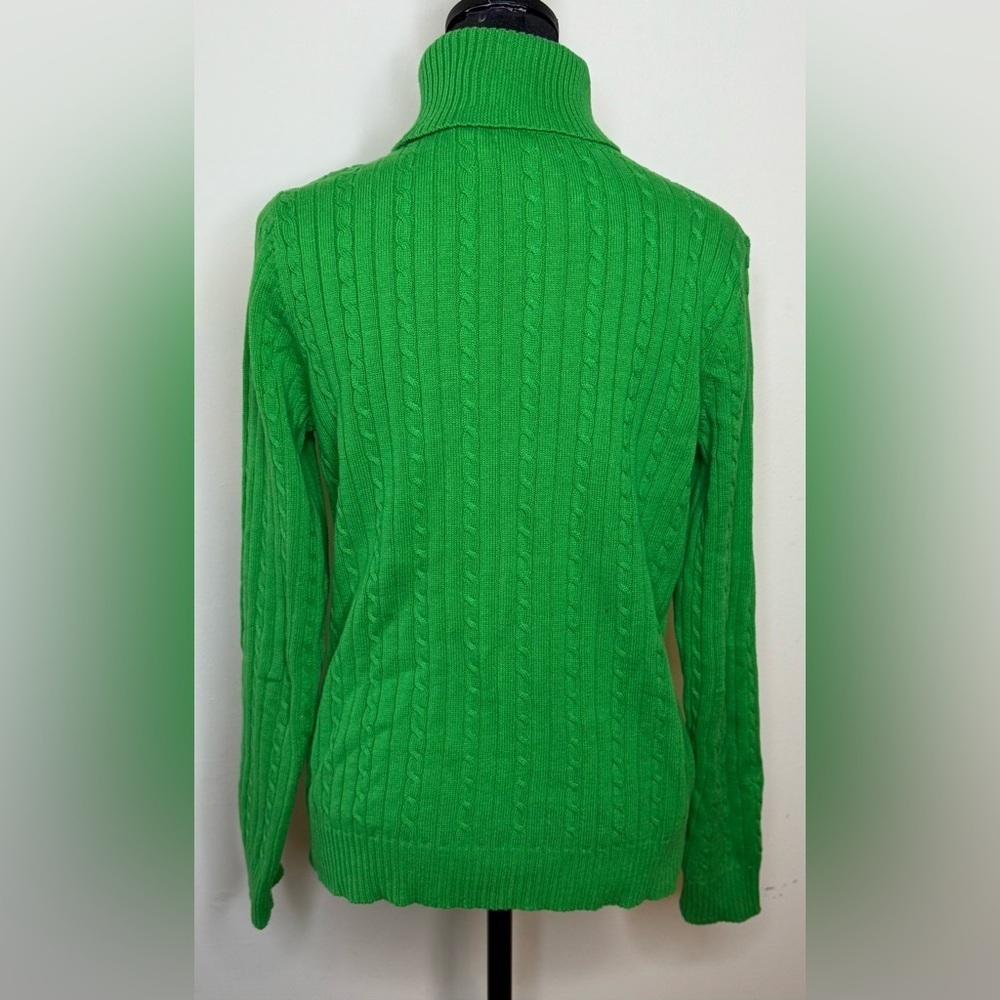 Izod preppy green cable knit turtleneck 100% cotton logo sweater petite large EC - Picture 5 of 8
